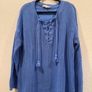 XXL LOFT Open Knit, Open Neck with tassel tunic sold with XL tank Blue